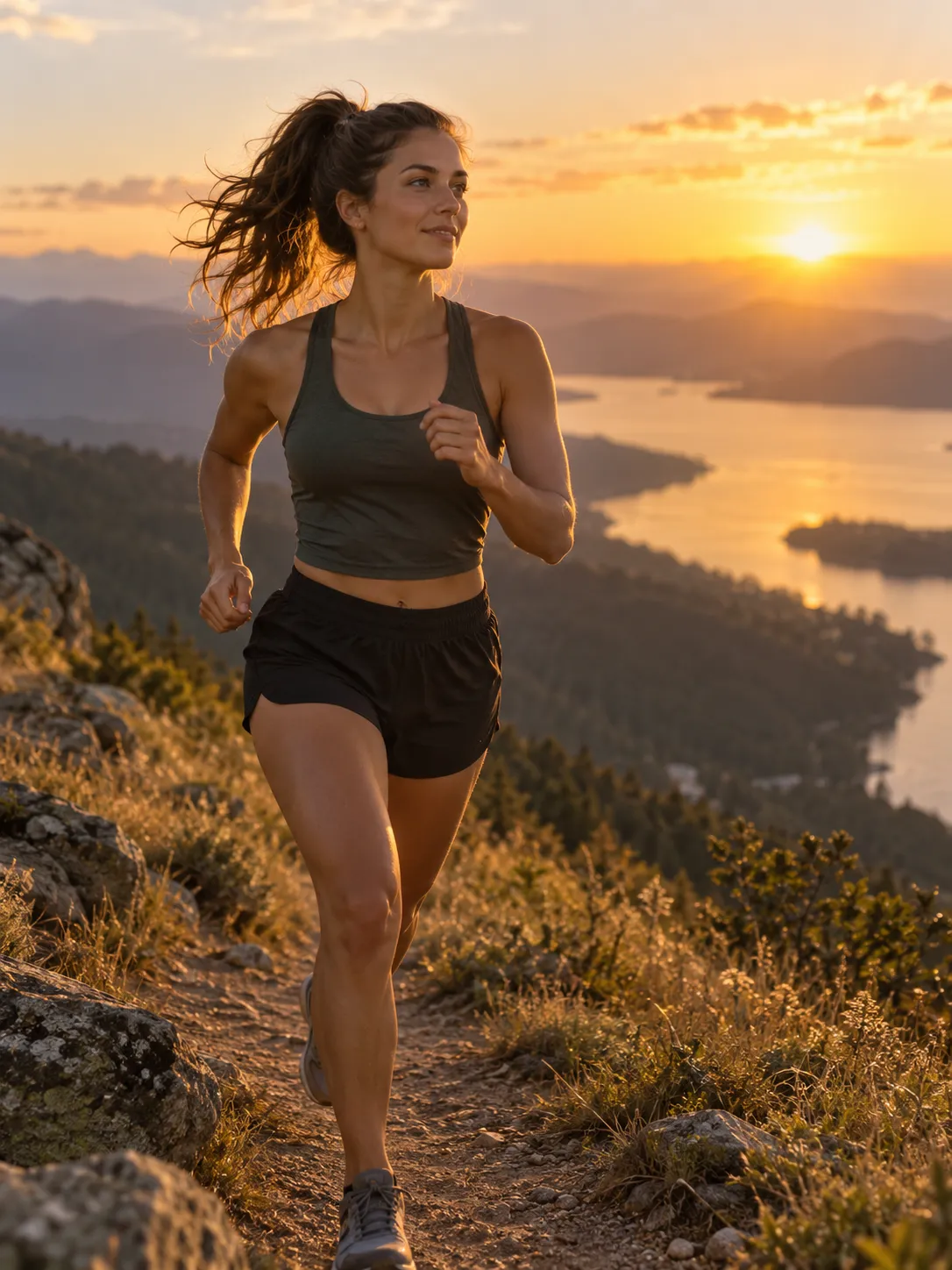 A woman running along a ridge trail at sunset