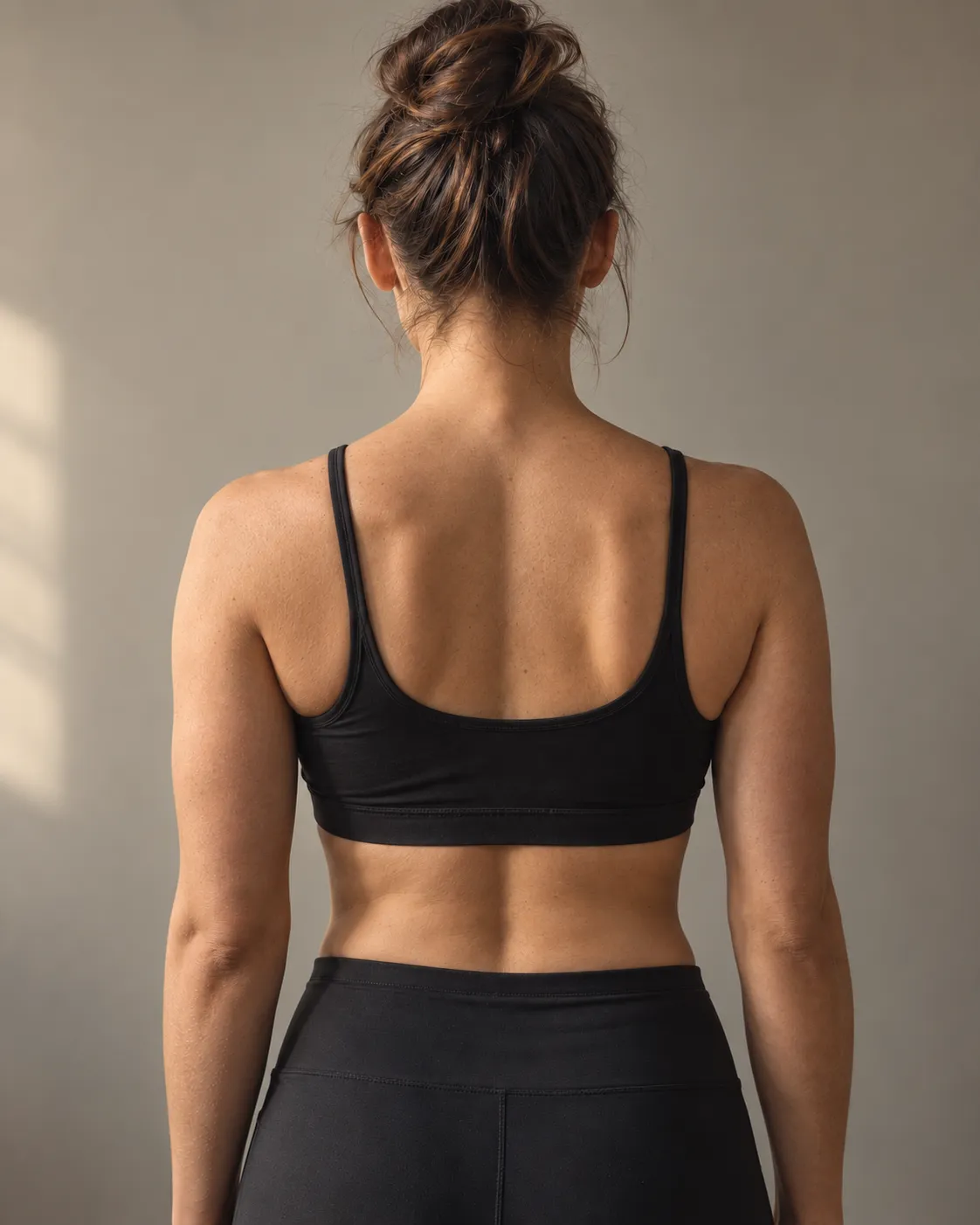 The same posture at week eight, shoulders level and upright