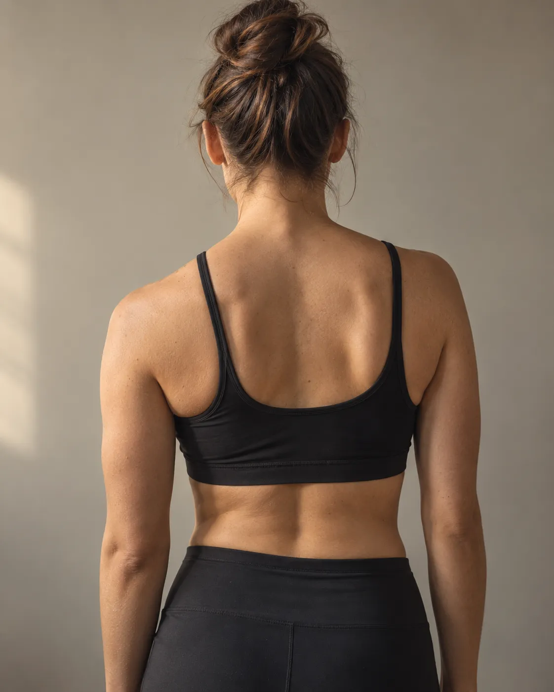 Posture from behind on day one, shoulders rounded and uneven